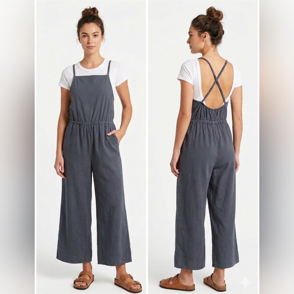 UP WEST Denim Cross Back, Wide-Leg Linen Jumpsuit